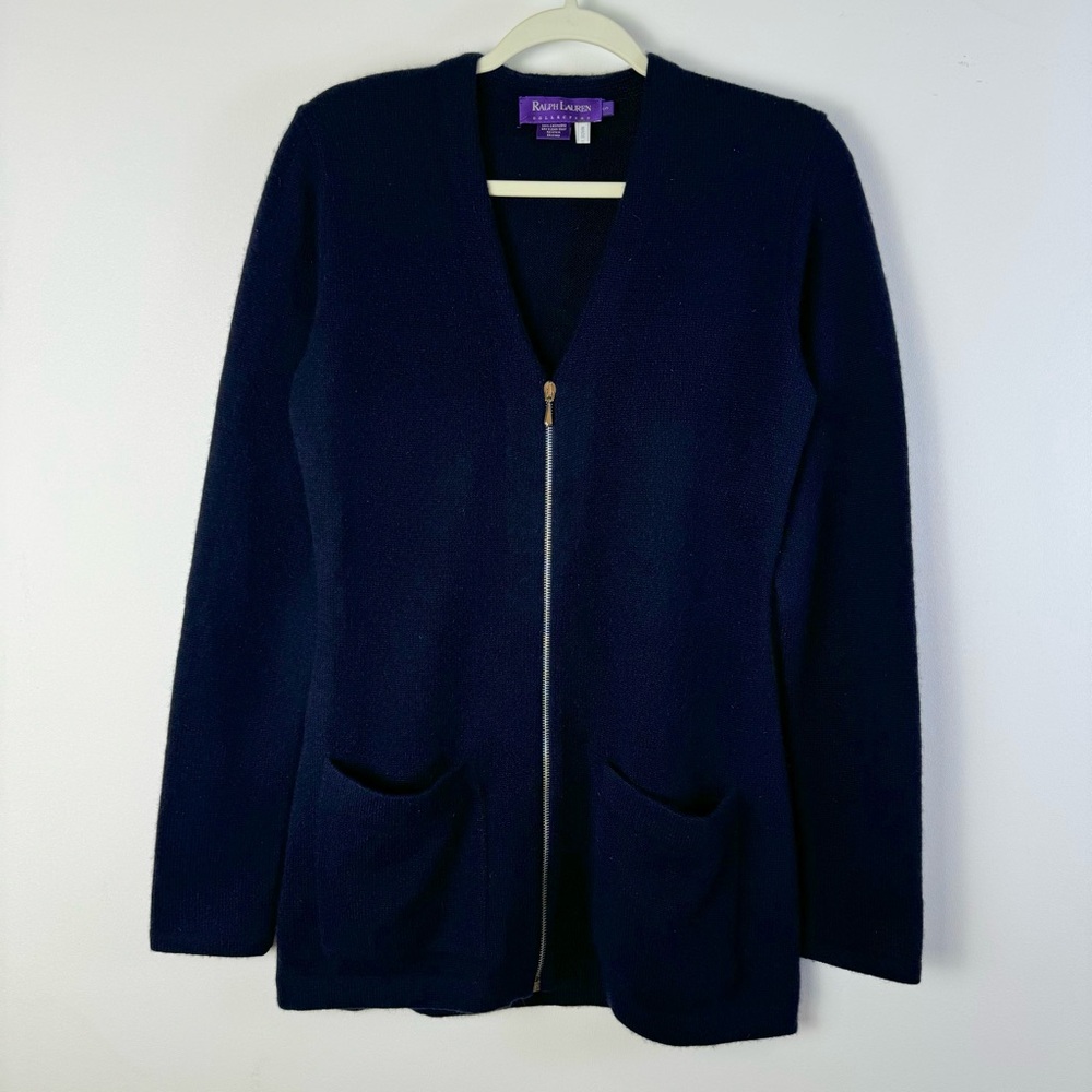 Ralph Lauren Purple Label Cashmere Cardigan Zipper Small Longline Navy Blue